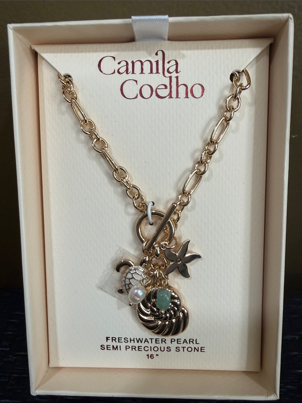 Camila Coelho Gold Charm Necklace with Pearl and Green Stone Accents